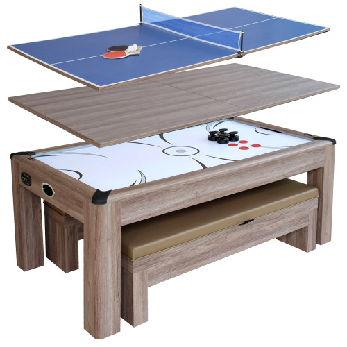 Driftwood 7' Air Hockey Table Tennis Combo Set w/Benches