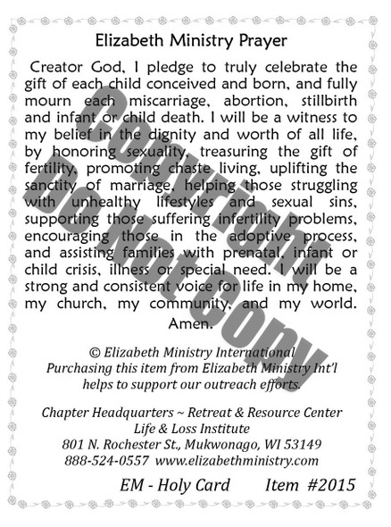 Back of Elizabeth Ministry Prayer Card