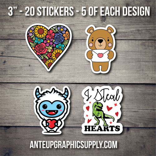 3" - 20 Stickers - 5 of each design - Valentines sticker bundle