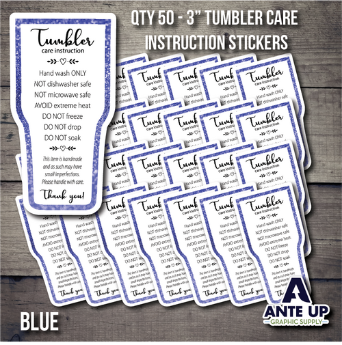 Tumbler Care Instruction Stickers - Qty 50 - 3" - Blue