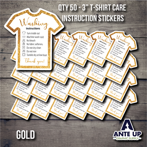 T-Shirt Care Instruction Stickers - Qty 50 - 3" - Gold