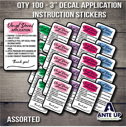 Vinyl Application Instruction Stickers - Qty 100 - 3" - Assorted