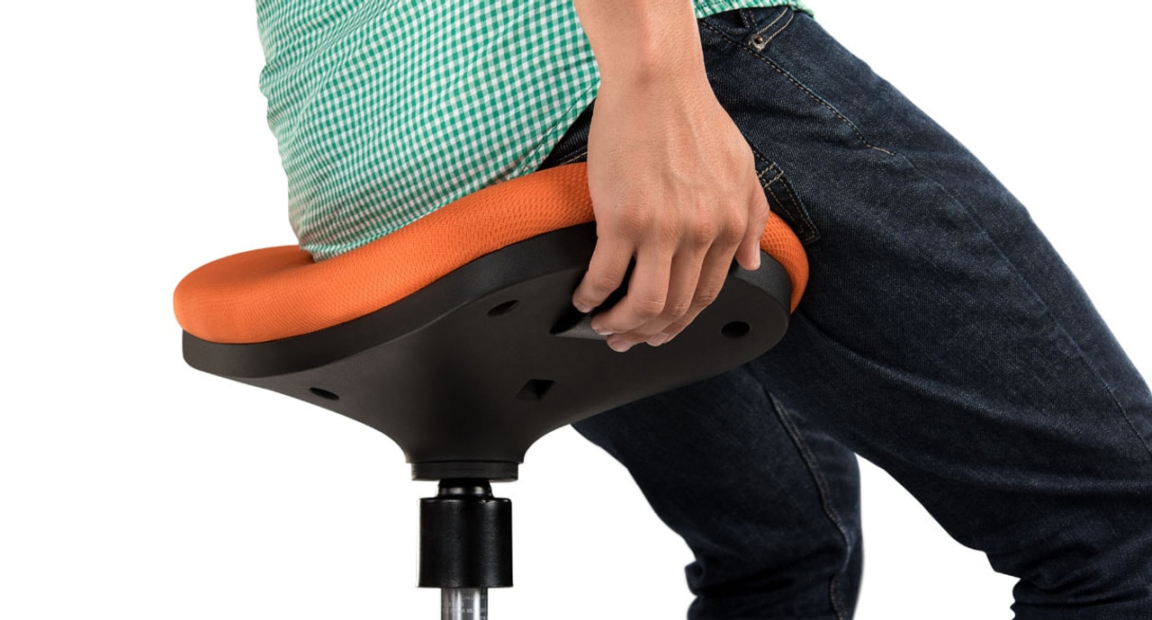 Height adjust in seconds, just squeeze the handle to raise and lower the Crescent Saddle Stool to your level Height adjust in seconds, just squeeze the handle to raise and lower the Crescent Saddle Stool to your level