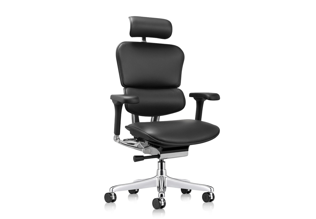 The Raynor Ergohuman Leather Chair with Headrest is available with a padded black leather seat, seat back, and headrest The Raynor Ergohuman Leather Chair with Headrest is available with a padded black leather seat, seat back, and headrest