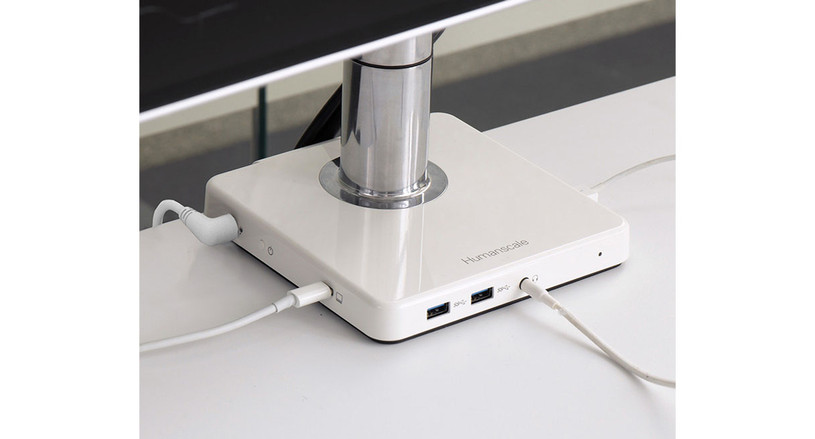 Humanscale M/Connect 2 Docking Station Desktop Hub connections: 4 x USB 3.0 Super Speed, self-powered (two Type A, 5V, 0.9A, one BC1.2 high speed charging, one upstream [23.6”, .6m]), Headphone/mic jack (4pole 3.5mm combo jack with auto switch)
