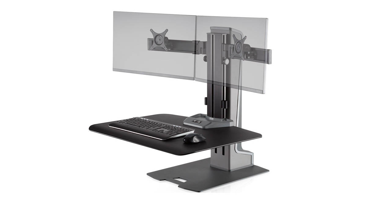 Expansive work surface with storage tray provides plenty of room for your keyboard and mouse