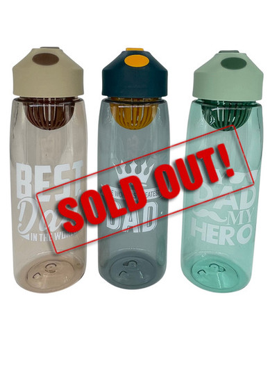 SOLD OUT...FD2572 Sports Water Bottle
$3.20 plus GST
You’ll hit your daily water target with ease with our new look Sports Water Bottle.  Sleek and stylish.  Comes in a white gift box.  Height is 20.5cm, 500mL capacity.  BPA free.  New design.
Product Info: a plastic drink bottle with 500mL capacity, with screw top lid and handy carry strap.  Available in 3 transparent colours: navy with white logo that says “The World’s Greatest Dad”, green with white logo that says “My Dad My Hero” and taupe with white logo that says “Best Dad in the World”.  BPA free.
