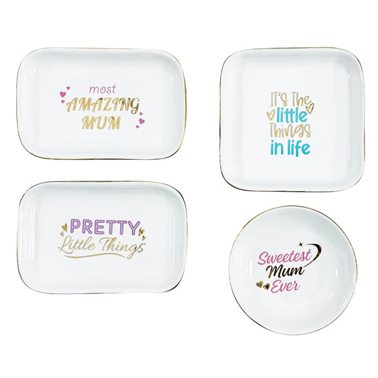 MD2643 Trinket Dish

$3.90 plus GST

The perfect Trinket Dish for important keepsakes, treasures, jewellery...you name it!  A must have accessory.  Available in 4 gorgeous designs.  Rectangle dish measures 13.5 x 9cm, square 11 x 11cm, round 10cm diameter.  New design.

Product Info: a ceramic heart shaped dish suitable for storing jewellery, spare change or other treasures.  Available in 4 designs: Most Amazing Mum, Sweetest Mum Ever, It’s the Little Things in Life, Pretty Little Things.