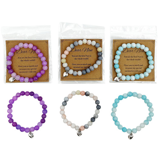 MD2645 Nan Bracelet

$1.70 plus GST

Nan will just love and treasure our gorgeous beaded bracelet with lovely silver heart charm. Diameter 7cm.  New product.

Product Info: a beaded bracelet with silver charm available in 3 colours: blue, purple, multi.  Comes on a header card that says “Dear Nan, you are the best Nan in the whole world!  I love you so much and treasure my special memories with you.”