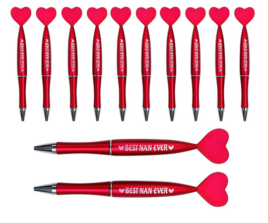 MD2674 Nan Pens

$0.55c plus GST

How cute are our new Nan Pens?!?!  Nan will love her new heart pen, perfect for jotting down memos or doing the daily crossword!  Comes only in packs of 12.  Pen length 13.7cm.  New product. 

Product Info: a 12 pack of pens, with heart shaped top that says “Best Nan Ever”.  Available in red only.  Blue ink.