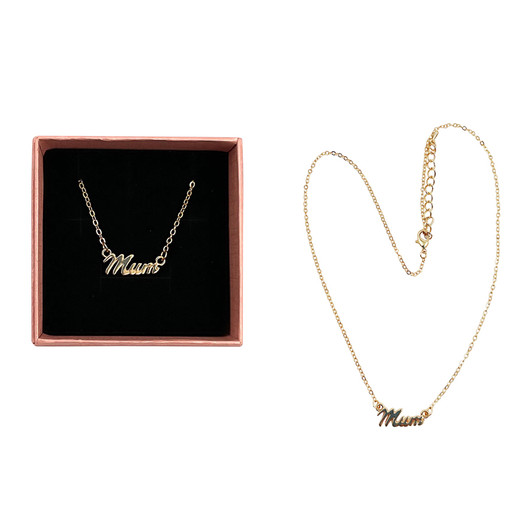 MD2677 Mum Necklace

$2.50 plus GST

Add a bit of bling to Mum’s daily life with our beautiful Mum Necklace.  It’s simply gorgeous and something to treasure.  Product length 47cm with 5cm extension, Mum pendant 2cm.  Comes in a pink gift box. 

Product Info: a gold necklace with nameplate pendant that says “Mum”.  Has an additional 5cm adjustable chain.  Comes in a black gift box.