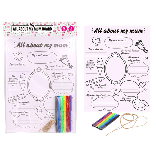 MD2699-43 All About My Mum Board

$2.80 plus GST

A lovely sentimental gift for Mum that she is sure to treasure.  Write all of Mums favourite things and funny sayings.  Includes 6 watercolour textas.  Product measures 24.5 x 34 x 0.3cm. 

Product info:  a plywood board including 6 coloured watercolour textas, where you fill in the blanks of Mums favourite things, funny sayings etc.