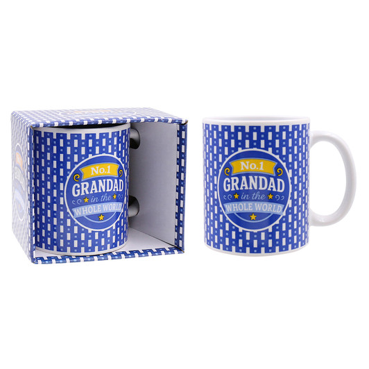 FD2604 Mug 4: No. 1 Grandad
$3.10 plus GST
Surprise Grandad with a new coffee mug that he is sure to love.  Comes in our customised matching gift box.  Mug height is 9.5cm.  New design.
Product Info: a blue and white patterned mug with logo that says “No.1 Grandad in the Whole World”.  Comes in our customised matching gift box.  Packaging size 11.7 x 10.4 x 8.5 cm.