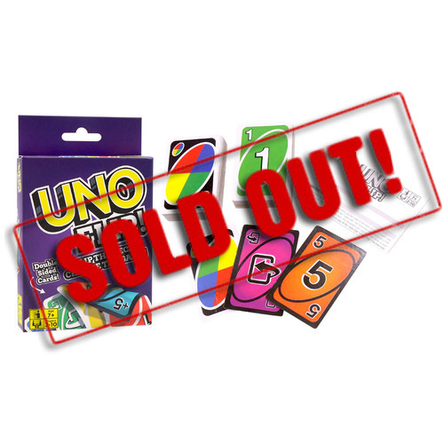 SOLD OUT...FD2607 Uno Flip
$ 2.20 plus GST
Flip the deck and change the game!! A new spin on the all time classic, Uno!  Same great game but with a twist!  Gather the family round for hours of fun and entertainment!  Great for all ages.  Packaging size 9 x 14.5cm, card size 5.6 x 8.7cm.  
Product Info: a complete deck of Uno Flip cards.  Uno Flip plays like regular Uno, except there are two sides to the deck of cards: a “light” side and a “dark” side.  You start playing with the “light side”, but whenever someone plays a FLIP card, everything gets flipped over…now everyone must play off the “dark side” of the cards.