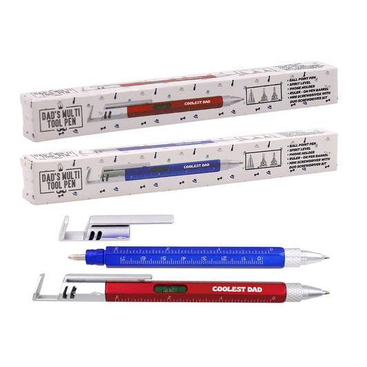 FD2628 Dad’s Multi Tool Pen
$ 1.60 plus GST
An awesome pen for Dad that doubles as a spirit level, ruler, mini screwdriver and acts as a phone holder as well!!  Pen length 14.5cm.  New design.
Product Info: a ballpoint pen that is multi functional.  Also has a spirit level, ruler, mini screwdriver with duo screwdriver bit and can act as a phone holder.  Available in 2 colours, red and blue, with white logo that says “Coolest Dad”.