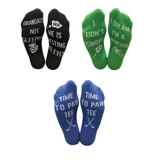 FD2652 Grandad Socks
$2.40 plus GST
Knock Grandads socks off with his very own personalised socks!  He’s sure to love them.  One size.  New product.
Product Info: a pair of socks with logo on the sole.  Available in 3 colours/designs, green: I don’t snore, I dream I’m a motorcycle; blue: Time to par tee; black: Grandad’s not sleeping, he is resting his eyes.