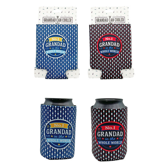 FD2668 Grandad Can Cooler
$1.80 plus GST
Keep it cool with our awesome Can Cooler, just for Grandad.  Suitable for 375mL can of drink.  Product measures 10.5cm tall, diameter is 7cm.  New design.
Product Info: a can cooler available in 2 colours: black/red and blue/white, with logo that says “No.1 Grandad in the Whole world”.  Comes flat with a header card.