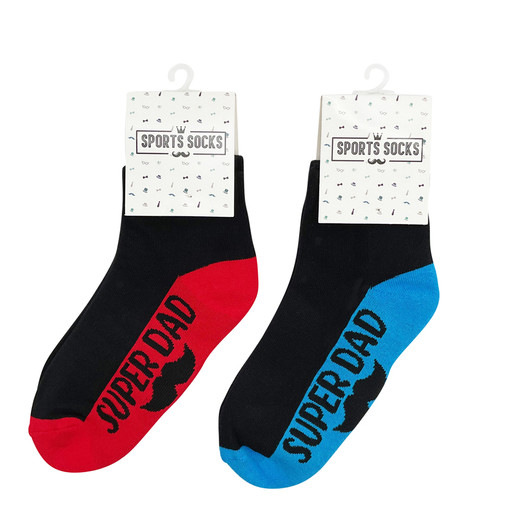 FD2671 Sports Socks
$2.20 plus GST
Hands off!!  No more socks mix ups, Dad has his name on his!  New design. 
Product Info: black ankle sport socks with a coloured sole that says “Super Dad” in black, with a moustache.  Available in 2 colours: blue and red.