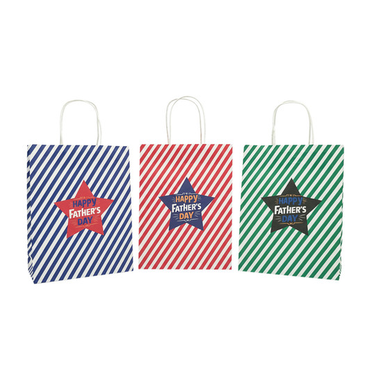 FD2672 Father’s Day Gift Bag
$0.65c plus GST
For no fuss wrapping, look no further than our awesome Happy Father’s Day Gift Bags!!  Expanded size 20 x 27 x 11cm, plus a 9cm handle.  New design.
Product Info: A paper gift bag that says “Happy Father’s Day”.  Available in 3 colours: blue, green and red.