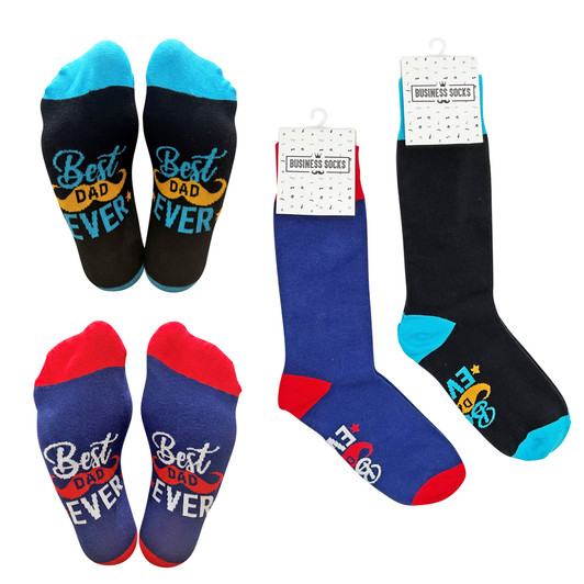 FD2677 Business Socks
$2.40 plus GST
So comfy and cosy!  We’ve got you (and your feet) covered with our Business Socks.  New design.
Product Info: a pair of dress socks available in 2 colours: black socks with blue heel and toe; navy socks with red heel and toe, with “Best Dad Ever” logo.