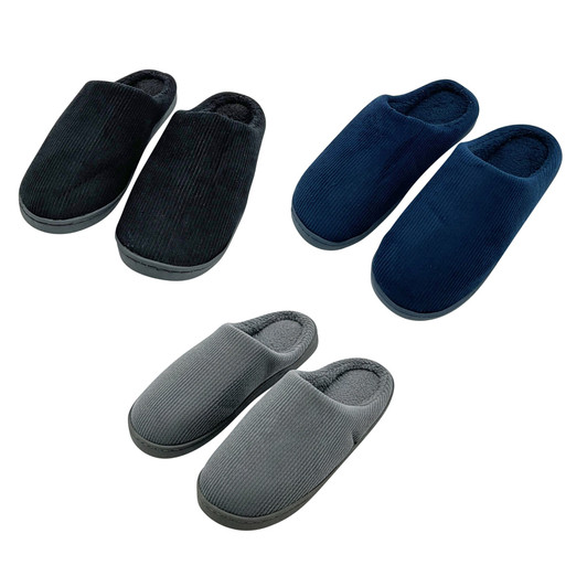 FD2699-1 Slippers
$5.95 plus GST
Sit back and relax in a pair of our cosy Slippers.  So comfy you’ll never want to take them off!  One size only.  Bottom sole measures 28.3cm, inside sole measures 25.5cm.  New colours.
Product Info: A pair of soft plush slippers, available in 3 colours: navy, grey and black.  One size only.