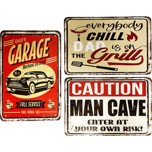 FD2699-4 Metal Sign
$2.80 plus GST
Our vintage-look Metal Signs are the perfect addition to Dad’s Man Cave or Garage.  Product measures 30 x 20cm.  New design.
Product Info: a metal sign available in 3 designs: Dad’s Garage, Caution Man Cave and Dad is on the Grill.