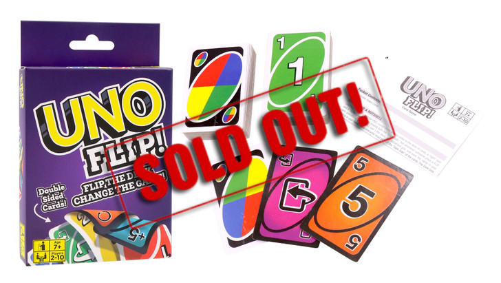 SOLD OUT...FD2506 Uno Flip
$2.20 plus GST
Flip the deck and change the game!! A new spin on the all time classic, Uno!  Same great game but with a twist!  Gather the family round for hours of fun and entertainment!  Great for all ages.  Card size 5.7 x 8.6cm.  New product.
Product Info: a complete deck of Uno Flip cards.  Uno Flip plays like regular Uno, except there are two sides to the deck of cards: a “light” side and a “dark” side.  You start playing with the “light side”, but whenever someone plays a FLIP card, everything gets flipped over…now everyone must play off the “dark side” of the cards.