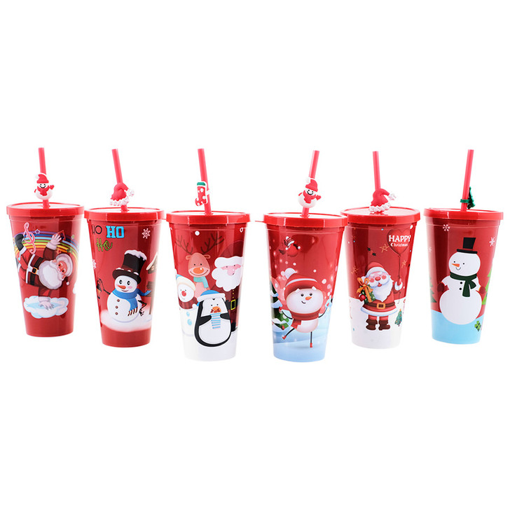 XM223411 Christmas Cup with Straw
$2.00 plus GST
A fabulous Christmas Cup with Straw available in 6 festive designs!  Also has a super cute rubber figurine to attach to the straw for extra festiveness (and to also determine whose cup belongs to who!).  There are 6 designs: Santa with snowman and Christmas tree, Santa with a Happy Christmas balloon, Snowman with Christmas tree and reindeer, Snowman with Ho Ho Ho, Santa floating over a musical rainbow, Santa and friends (with reindeer, snowman and penguin).  There are also 6 assorted rubber straw attachments: Santa with gift, Santa with presents sack, Santa hat, snowman, Christmas stocking and Christmas tree.
In each inner of 12, you will receive 2 of each design.
Product Info: capacity of the cup is 550mL.  This is not a leak proof cup.  Please note this product contains small parts (the small rubber figurine on the straw - not suitable for children under 3 years due to potential choking hazard).