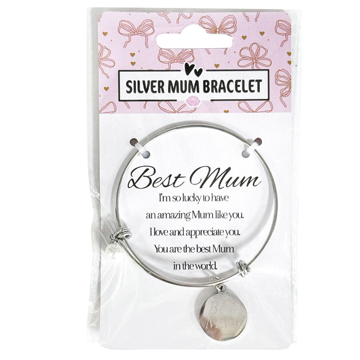MD2634 Silver Mum Bracelet

$3.20 plus GST

Our Silver Mum Bracelet makes a lovely keepsake gift for Mum.  Bracelet diameter is 6.6cm.  New product.

Product Info: A silver bracelet with a pearl and charm that says “Best Mum”, on a header card that says “I’m so lucky to have an amazing Mum like you.  I love and appreciate you.  You are the best Mum in the world.”