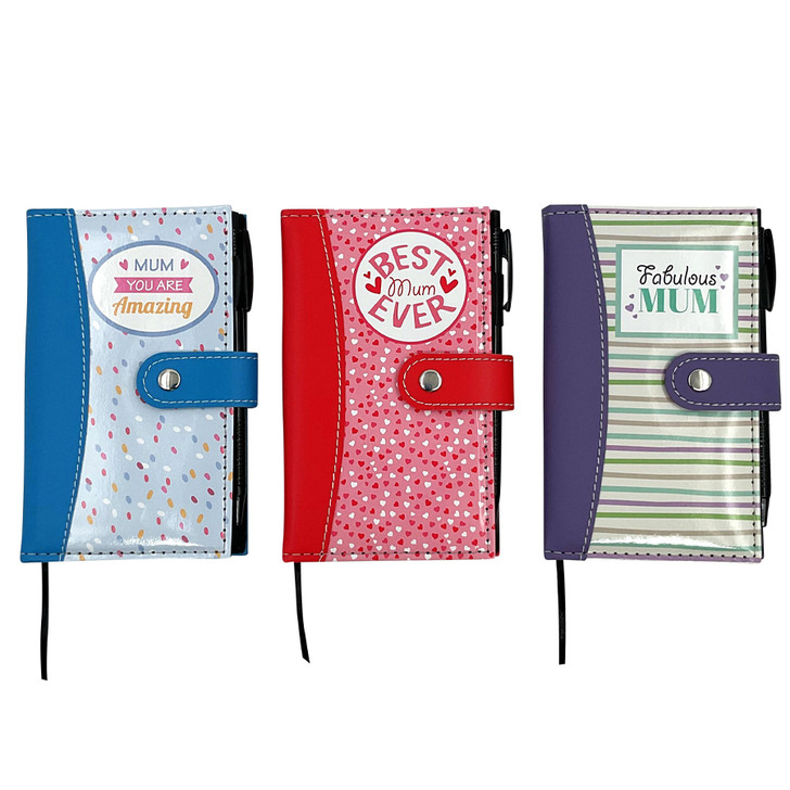 MD2635 Notebook and Pen

$2.50 pus GST

Get ready to feel super organised with our pretty Notebook and Pen!  Perfect for your endless memos and to-do’s!  Product measures 9.5 x 15.5 x 1.7cm.  New design.

Product info: a notebook with pen with press stud closure, available in 3 new designs: pink and red hearts: Best Mum Ever, blue sprinkles: Mum You Are Amazing and purple stripe: Fabulous Mum.