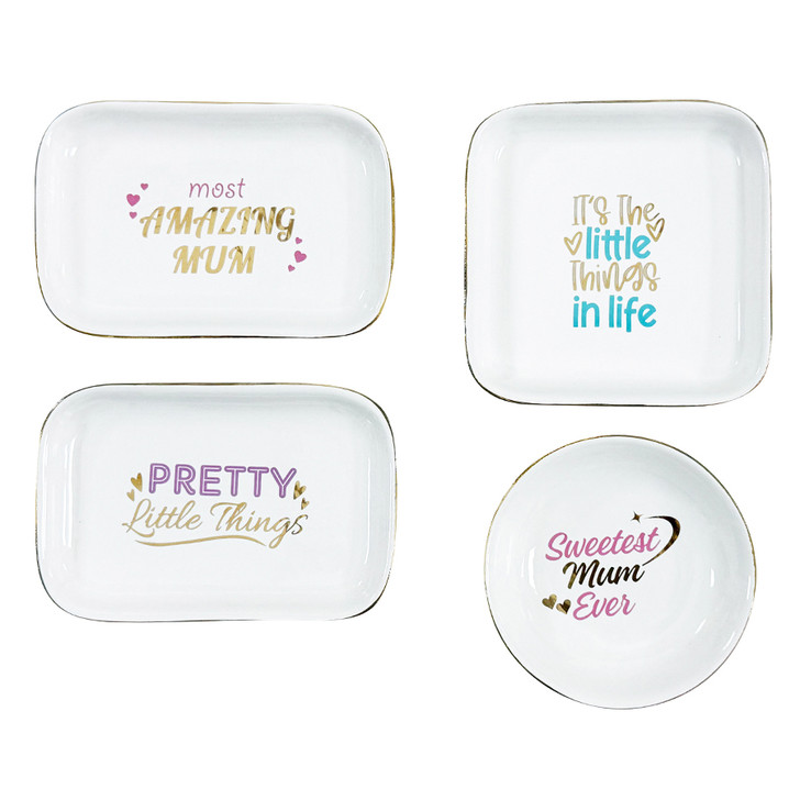 MD2643 Trinket Dish

$3.90 plus GST

The perfect Trinket Dish for important keepsakes, treasures, jewellery...you name it!  A must have accessory.  Available in 4 gorgeous designs.  Rectangle dish measures 13.5 x 9cm, square 11 x 11cm, round 10cm diameter.  New design.

Product Info: a ceramic heart shaped dish suitable for storing jewellery, spare change or other treasures.  Available in 4 designs: Most Amazing Mum, Sweetest Mum Ever, It’s the Little Things in Life, Pretty Little Things.