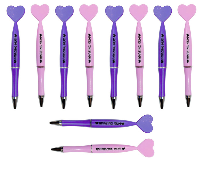 MD2671 Mum Pens,  $0.55c EACH plus GST

Our new heart shaped Mum Pens are simply gorgeous.  Pairs perfectly with any gift.  Length 13.7cm.  New product.

Product Info: a 12 pack of pens, with heart shaped top that says “Amazing Mum”.  Available in pink only.  Blue ink.