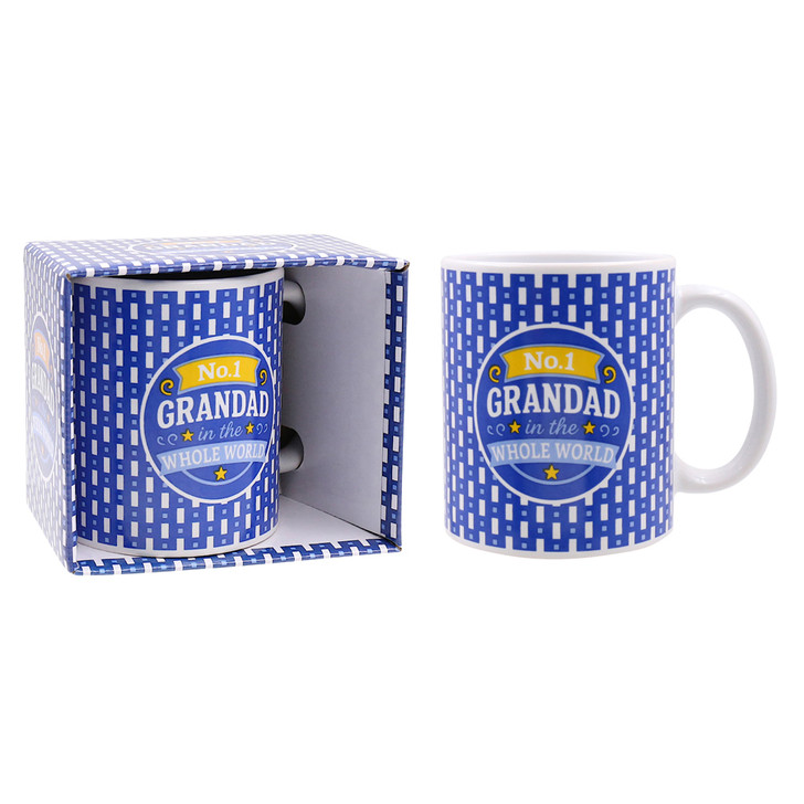 FD2604 Mug 4: No. 1 Grandad
$3.10 plus GST
Surprise Grandad with a new coffee mug that he is sure to love.  Comes in our customised matching gift box.  Mug height is 9.5cm.  New design.
Product Info: a blue and white patterned mug with logo that says “No.1 Grandad in the Whole World”.  Comes in our customised matching gift box.  Packaging size 11.7 x 10.4 x 8.5 cm.