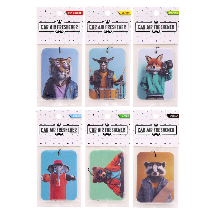 FD2606 Car Air Freshener
$ 1.10 plus GST
A super cool Car Air Freshener, perfect for Dad’s car.  Level up your gift and team it with our Car Sponge or Car Towel.  Product measures 6.5 x 9cm.  New design.
Product Info: a car air freshener featuring animals playing musical instruments, with a skateboard and a basketball.  Available in 6 designs and fragrances: vanilla, ocean, lemon, apple, jasmine and sea breeze.