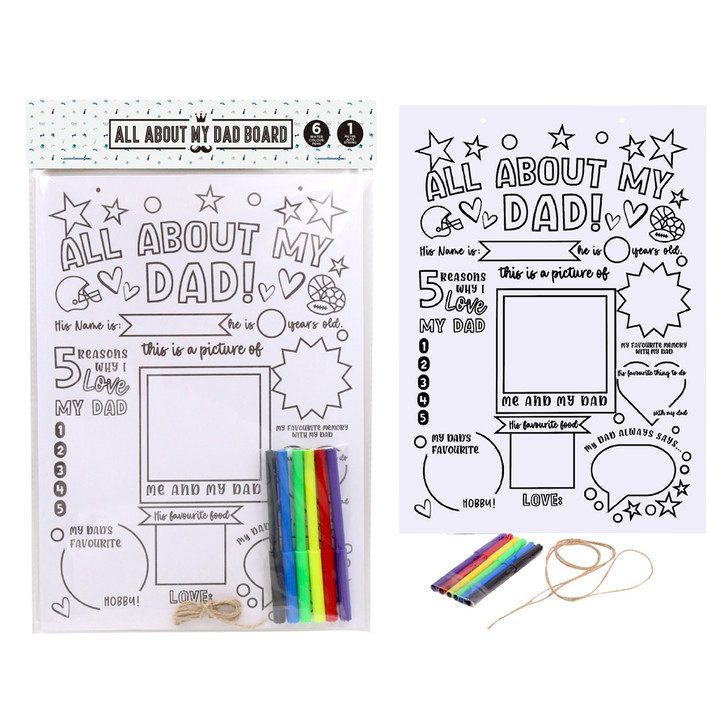 FD2616 All About My Dad Board
$ 2.80 plus GST
A great gift for Dad to treasure, with priceless responses from the kids!  Product measures 24.5 x 34 x 0.3cm.
Product info:  a plywood board including 6 coloured watercolour textas, where you fill in the blanks of Dads favourite things, funny sayings etc.