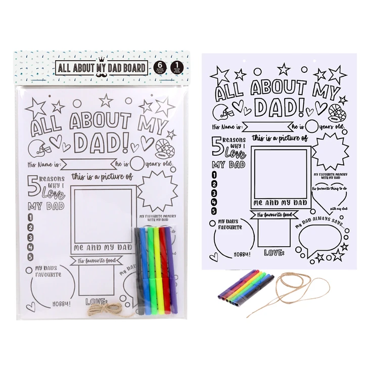FD2616 All About My Dad Board
$ 2.80 plus GST
A great gift for Dad to treasure, with priceless responses from the kids!  Product measures 24.5 x 34 x 0.3cm.
Product info:  a plywood board including 6 coloured watercolour textas, where you fill in the blanks of Dads favourite things, funny sayings etc.