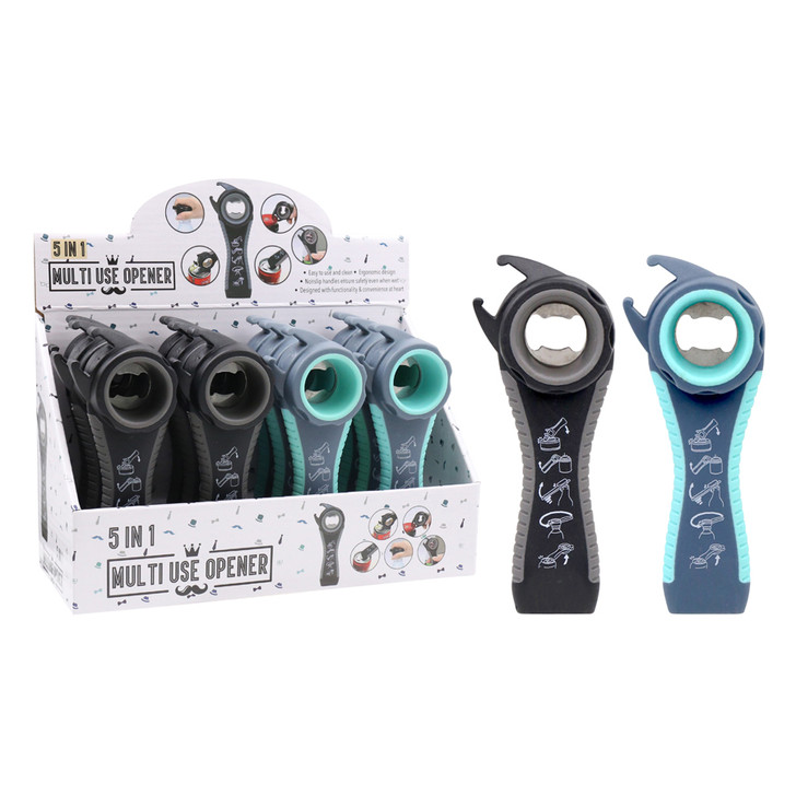 FD2617 5 in 1 Multi Use Opener
$1.90 plus GST
The perfect 5 in 1 opener when you need to open a can or bottle.  Also great for those tricky hard to open things!  Product measures 14 x 5.5 x 2.6cm.  New colours.
Product Info: a 5 in 1 multi use opener that can assist you opening cans, bottle tops, jars, ring pulls and twist top lids.  Available in 2 colours: black/grey and grey/aqua.