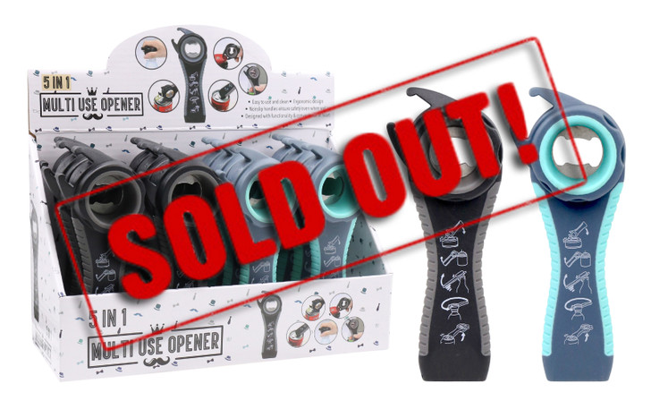 SOLD OUT...FD2617 5 in 1 Multi Use Opener
$1.90 plus GST
The perfect 5 in 1 opener when you need to open a can or bottle.  Also great for those tricky hard to open things!  Product measures 14 x 5.5 x 2.6cm.  New colours.
Product Info: a 5 in 1 multi use opener that can assist you opening cans, bottle tops, jars, ring pulls and twist top lids.  Available in 2 colours: black/grey and grey/aqua.