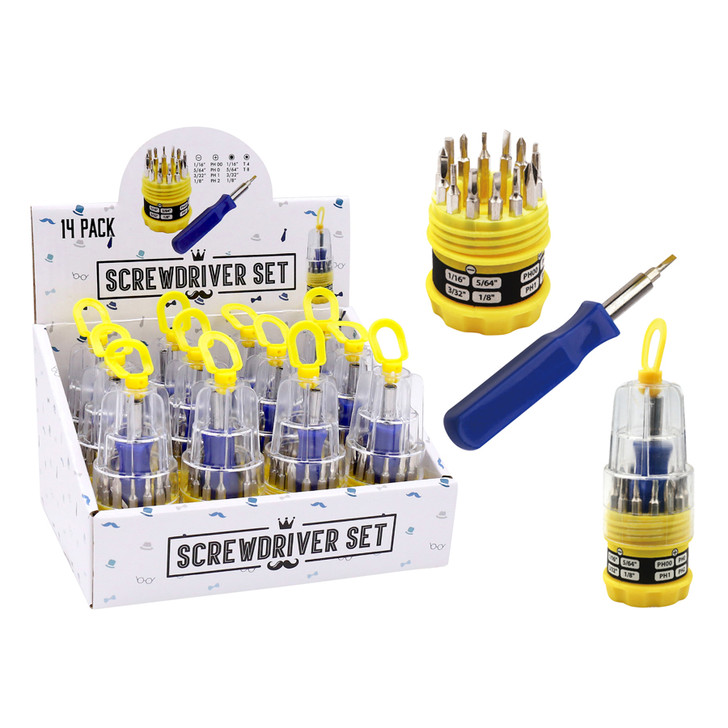 FD2629 14pce Mini Screwdriver Set
$2.50 plus GST
There’s nothing Dad can’t fix and he’ll be all sorted with our new 14pce Mini Screwdriver Set!  Packaging measures 9 x 4cm, mini screwdriver is 8cm. Comes in a display inner of 12.  New product.
Product Info: a 14 piece screwdriver set with handy carry handle.