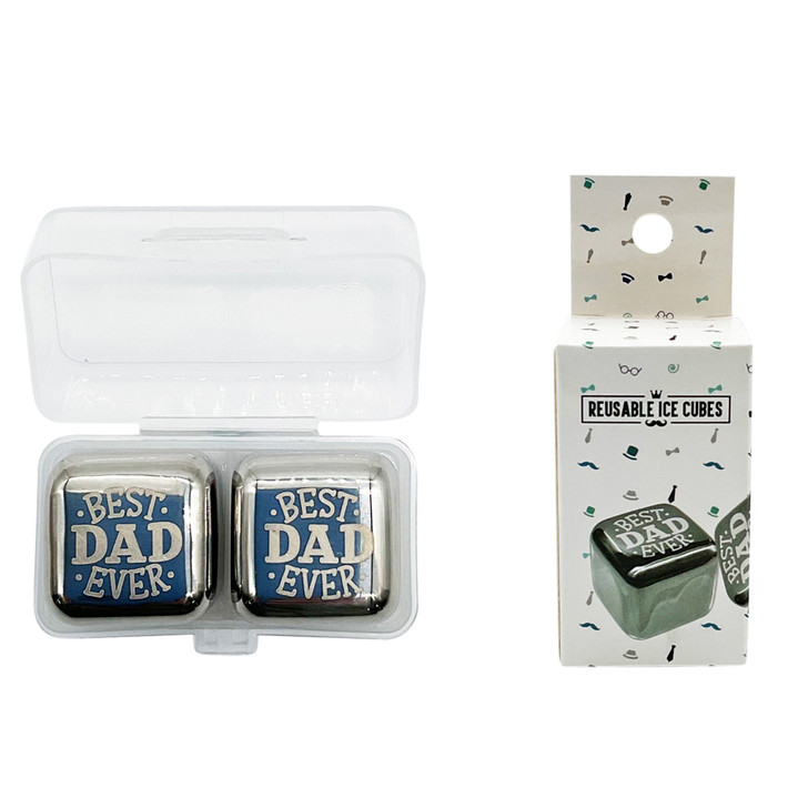 FD2640 Reusable Ice Cubes
$2.80 plus GST
Our Reusable Ice Cubes add an elegant touch to your favourite beverage.  With personalised engraving, Dad will love these.  Individual cube size is 2.5 x 2.5 x 2.5cm, case measures 6 x 3 x 3cm.  New design.
Product Info: a set of 2 reusable stainless steel ice cubes, with engraving that says “Best Dad Ever”.   Freeze them, then put them in your drink to keep it cold.