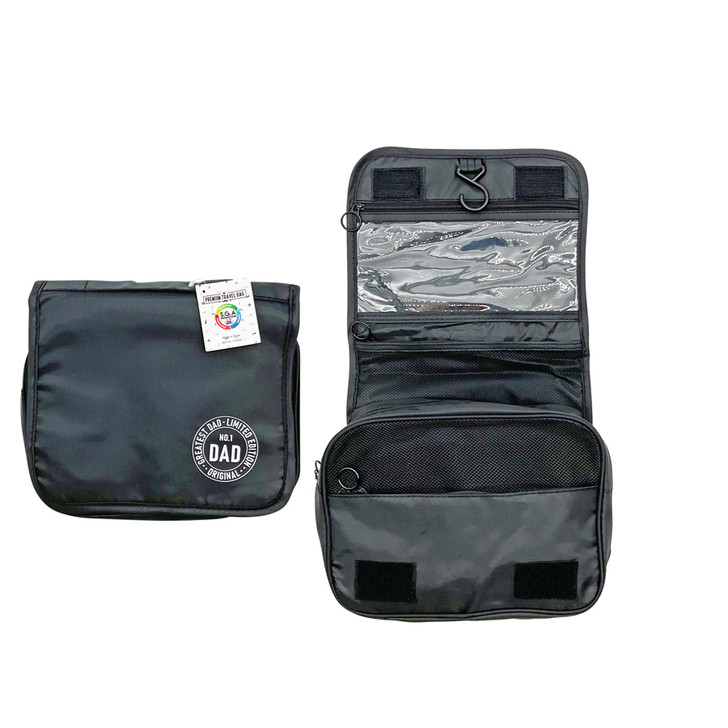 FD2653 Premium Travel Bag
$4.80 plus GST
Travel in style with our new Premium Travel Bag.  Perfect for all Dads toiletries when he’s travelling or on the go.  Ideal for gym use as well!  Compacted measurements 22.5 x 20.5cm, expanded length is 40.5cm.  New product. 
Product Info: a black premium travel bag, that folds to close and compact, with white logo that says “Greatest Dad, Limited Edition, Original, No.1 Dad”.  Has a handy hanging hook and 4 zippered compartments.