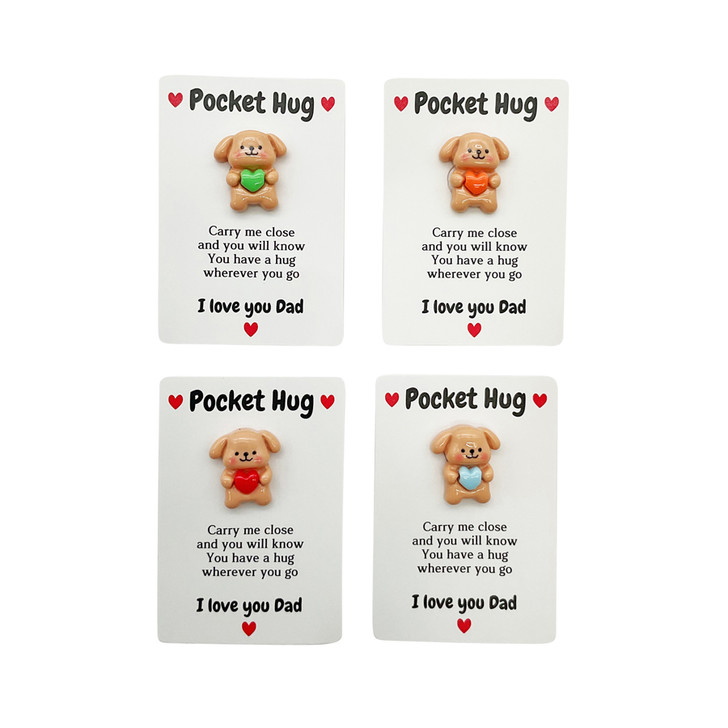 FD2655 Pocket Hug
$0.95c plus GST
The sweetest little gift you ever did see!  Our little Pocket Hugs are sure to melt your heart when your child gives you a forever hug!  Lovely keepsake gift.  Teddy measures 2 x 2.5cm, card measures 8 x 5.5cm.  New product.
Product Info: a resin shaped teddy holding a coloured love heart on a header card that reads “Pocket Hug…Carry me close and you will know, you have a hug wherever you go. I love you Dad”.  Available in 4 colours: blue, green, red and orange.