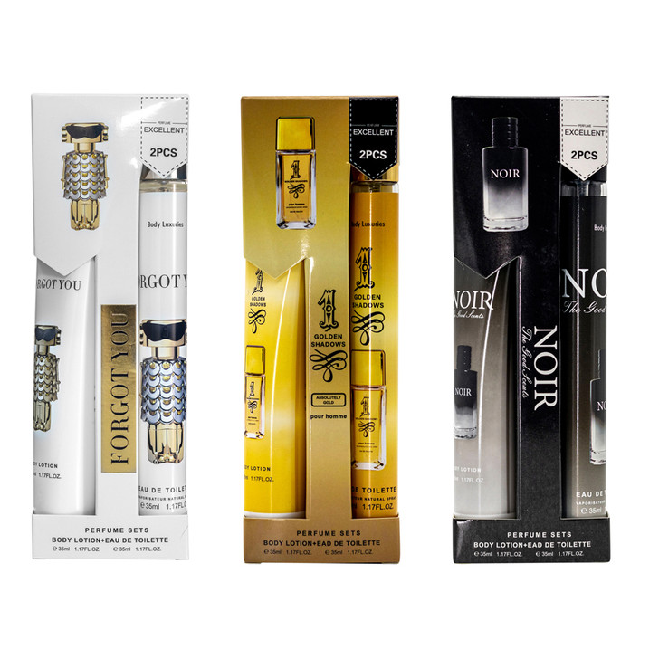 FD2657 2pk Aftershave and Body Lotion Set
$2.95 plus GST
A lovely pampering gift for Dad.  A delightful, inspired fragrance and body lotion set, perfect for home or travel.  35mL capacity each.  New product.
Product Info: a 2pk inspired aftershave and body lotion set, available in 3 fragrances: gold, black and white.  Each product has a 35mL capacity.  These are not the original fragrances, inspired only, so wording will appear differently.  Comes in a display inner of 12.