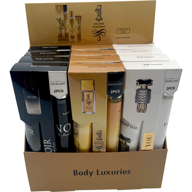 FD2657 2pk Aftershave and Body Lotion Set
$2.95 plus GST
A lovely pampering gift for Dad.  A delightful, inspired fragrance and body lotion set, perfect for home or travel.  35mL capacity each.  New product.
Product Info: a 2pk inspired aftershave and body lotion set, available in 3 fragrances: gold, black and white.  Each product has a 35mL capacity.  These are not the original fragrances, inspired only, so wording will appear differently.  Comes in a display inner of 12.