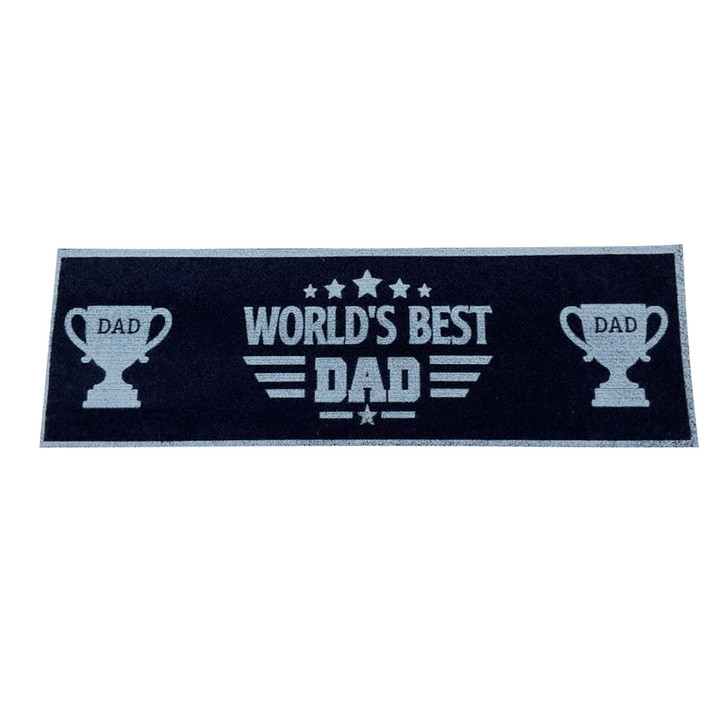 FD2664 Dad’s Bar Mat
$4.50 plus GST
The ultimate man cave or entertainment room accessory!! Dad is going to love this!!  Super stylish and next level gift giving.  Product measures 60 x 19cm.  New product. 
Product Info: a bar mat made of brushed fabric with printed logo that says “World’s Best Dad”.  Has a rubber backing.