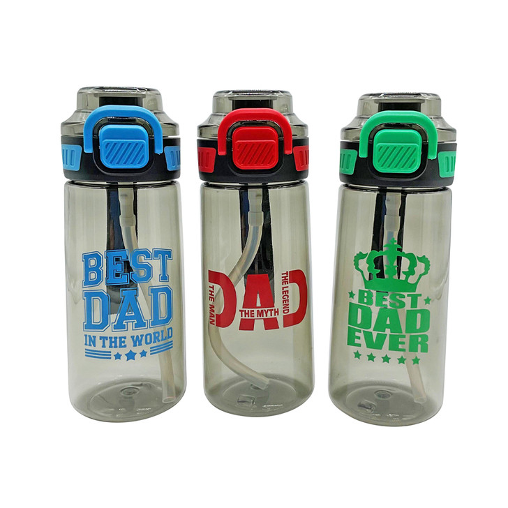 FD2676 Premium Sports Water Bottle
$4.80 plus GST
Reach your daily water target with ease!  Our new Premium Sports Water Bottle is the ultimate hydration station!  Comes in a white gift box.  Height is 20cm, 550mL capacity.  BPA free.  New design.
Product Info: a plastic drink bottle with 550mL capacity, with flip top lid and handy carry strap.  Available in 3 colours: blue logo that says “Best Dad in the World”, green logo that says “Best Dad Ever” and red logo that says “Dad, The Man, The Myth, The Legend”.  BPA free.