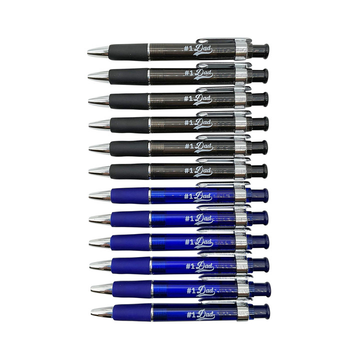 FD2679 Dad Pens
$0.55c per pen plus GST
An awesome pen for the #1 Dad!  Perfectly complements our Spiral Notebook, Word Search or Sudoku.  Length 13.5cm.  Each single pen is 55c each and only sold in packs of 12.  New design.
Product Info: a 12 pack of pens (available in blue and black) with logo that says “#1 Dad”.  The black pen has black ink and the blue pen has blue ink.
