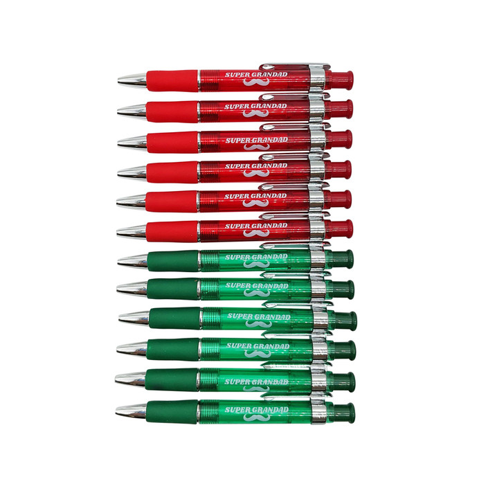 FD2682 Grandad Pens
$0.55c per pen plus GST
A pen, just for Grandad!  Pair it with our Word Search or Sudoku puzzles!  Length 13.5cm.  Each single pen is 55c each and only sold in packs of 12.  New design.
Product Info: a 12 pack of pens with logo that says “Super Grandad”.  Available in 2 barrel colours: green and red.  Ink colour is black.