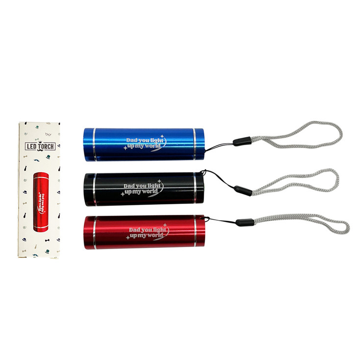FD2688 LED Torch
$2.50 plus GST
Shine bright with our LED Torch.  A must have accessory for the car, garage or kitchen drawer for those dreaded black outs.  Length of torch is 8.5cm.  New design. 
Product Info:  a handy sized LED torch in red, blue and black with 9 LED lights, that says “Dad you light up my world”.  Batteries are included, 3 x AAA and comes in our customised matching gift box.