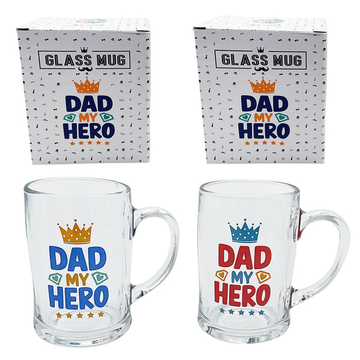 FD2693 Glass Mug
$3.90 plus GST
An elegant glass mug for your greatest hero.  300mL capacity.  New design.
Product Info: a glass mug with handle with logo that says “Dad My Hero”.  Available in 2 colourways: navy/orange/teal and red/blue/orange.  Comes in our customised gift box.